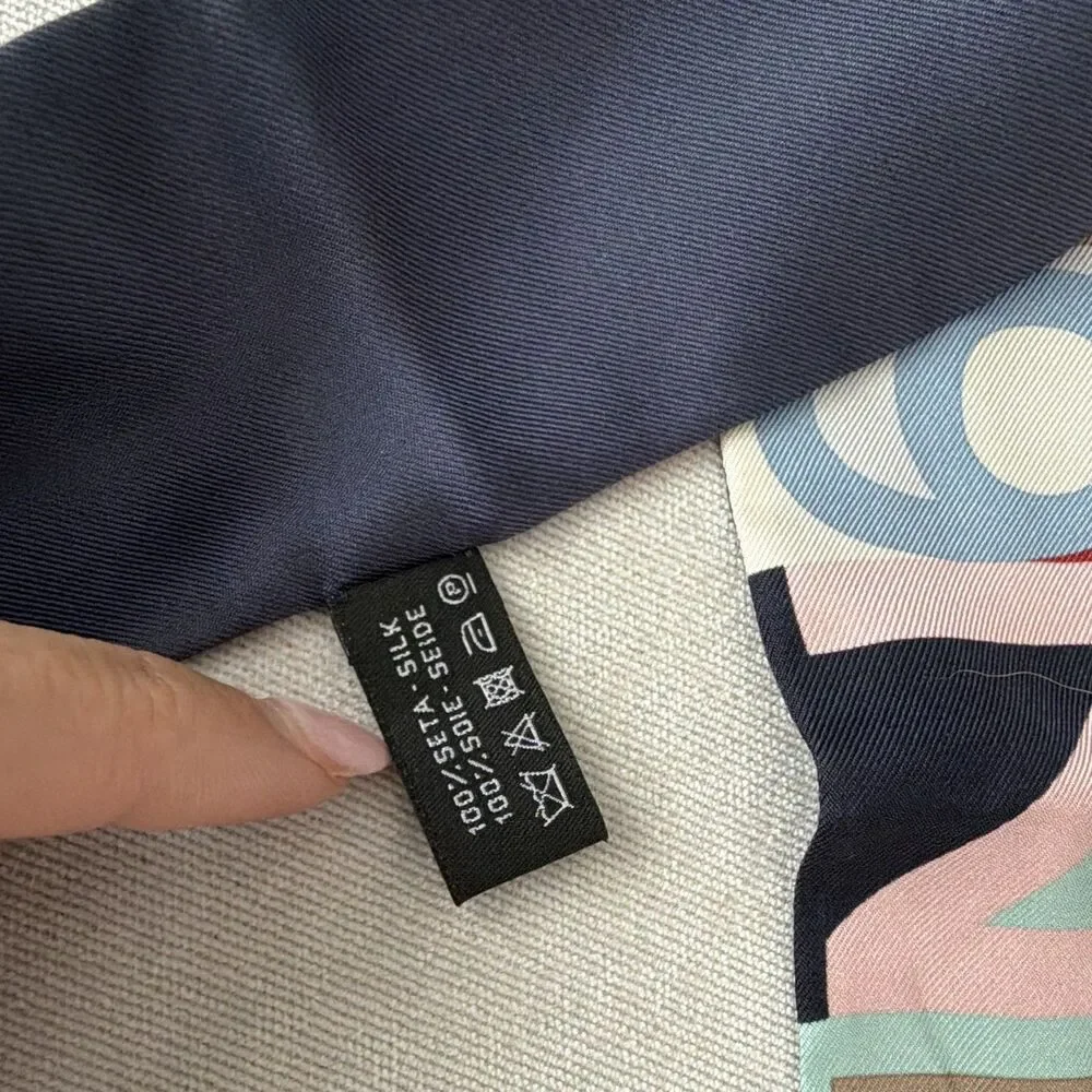 Chanel 100% Silk Slim Bandeau Scarf Navy Blue Pink Letter Print Logo Twilly